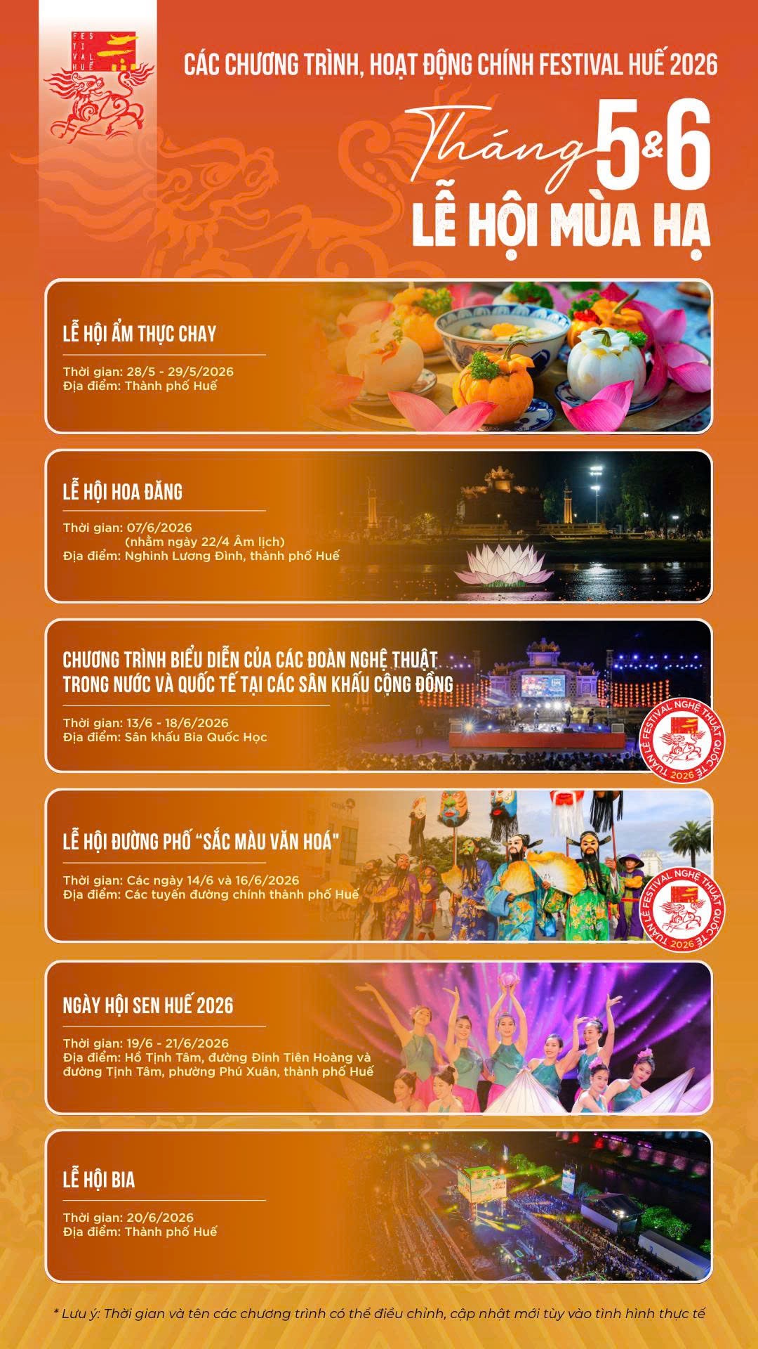 Lịch trình Lễ hội mùa Hạ – Festival Huế 2026 tháng 5 và tháng 6