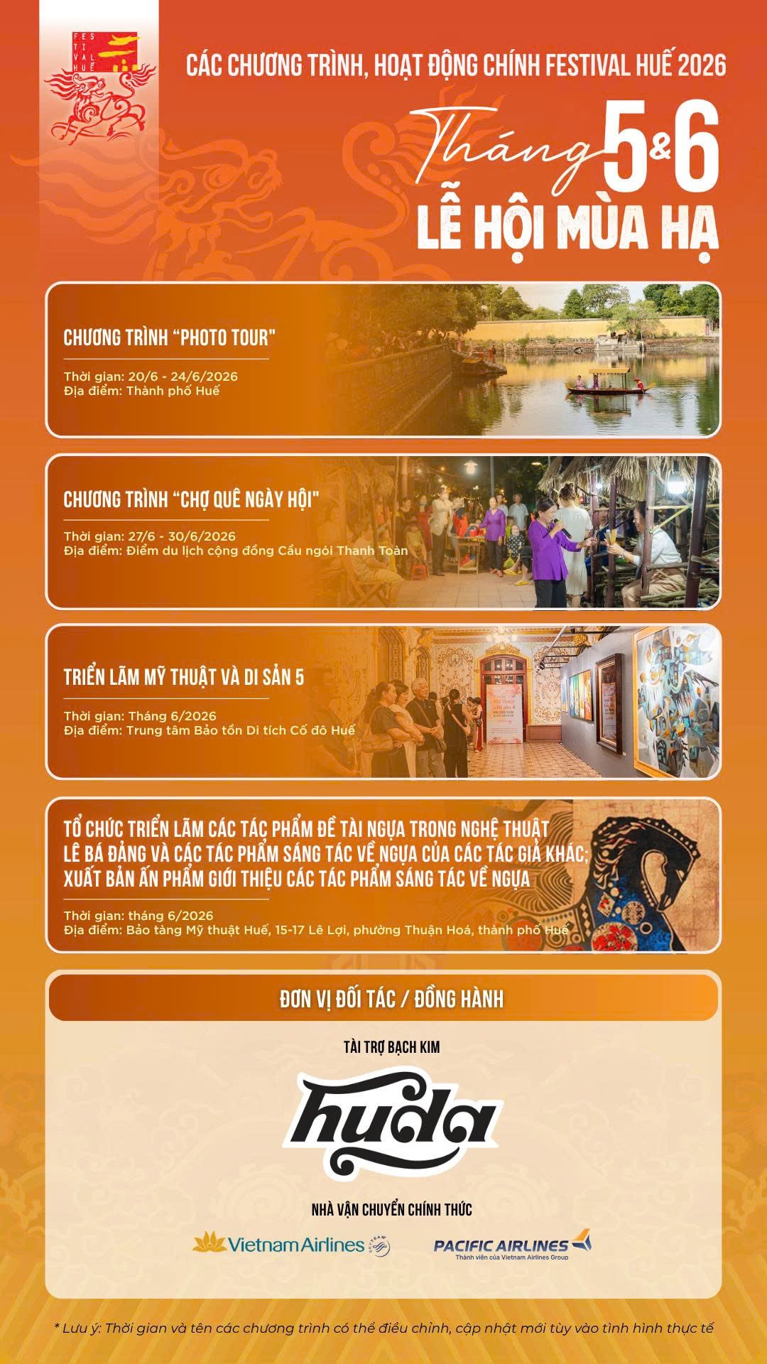 Lịch trình Lễ hội mùa Hạ – Festival Huế 2026 tháng 5 và tháng 6