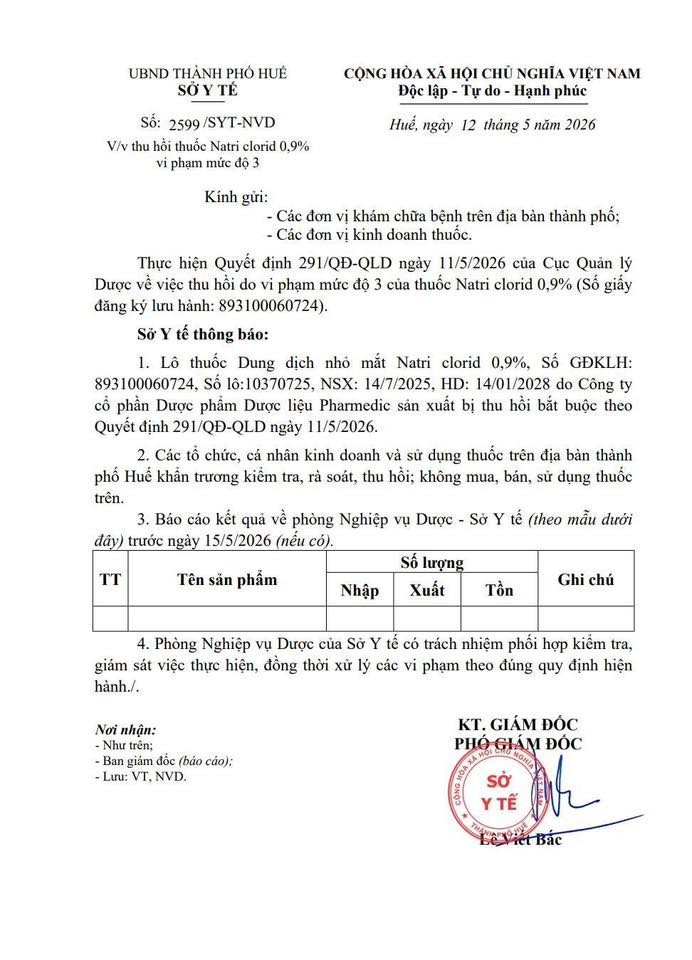 Thu hồi toàn quốc lô thuốc nhỏ mắt Natri clorid 0,9% không đạt tiêu chuẩn chất lượng