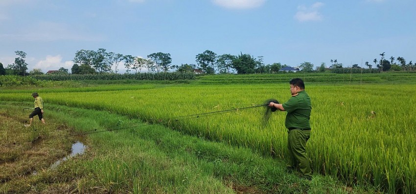 Lực lượng Hạt Kiểm lâm khu vực 6 và Công an xã Quảng Hà thu giữ các vật dụng săn bắt chim trời tại thôn Quảng Long 3, xã Quảng Hà.