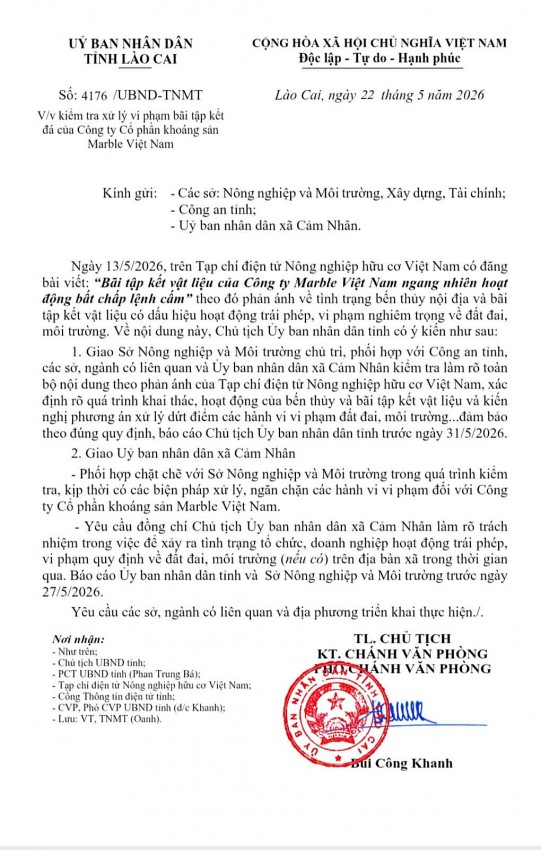 Chủ tịch UBND tỉnh Lào Cai chỉ đạo làm rõ những bất cập tại bãi tập kết đá của Công ty Marble Việt Nam