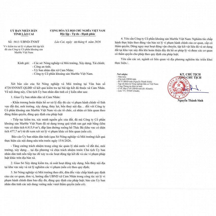 Chủ tịch UBND tỉnh Lào Cai yêu cầu xử lý nghiêm vi phạm tại bãi tập kết đá của Công ty Marble Việt Nam