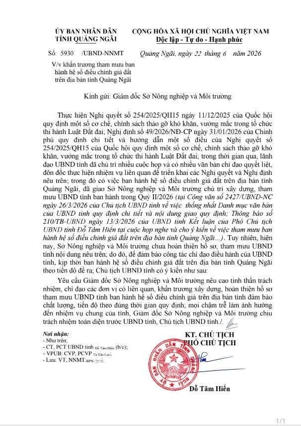 Giám đốc Sở Nông nghiệp và Môi trường Quảng Ngãi bị nhắc nhở do chậm trễ thủ tục đất đai