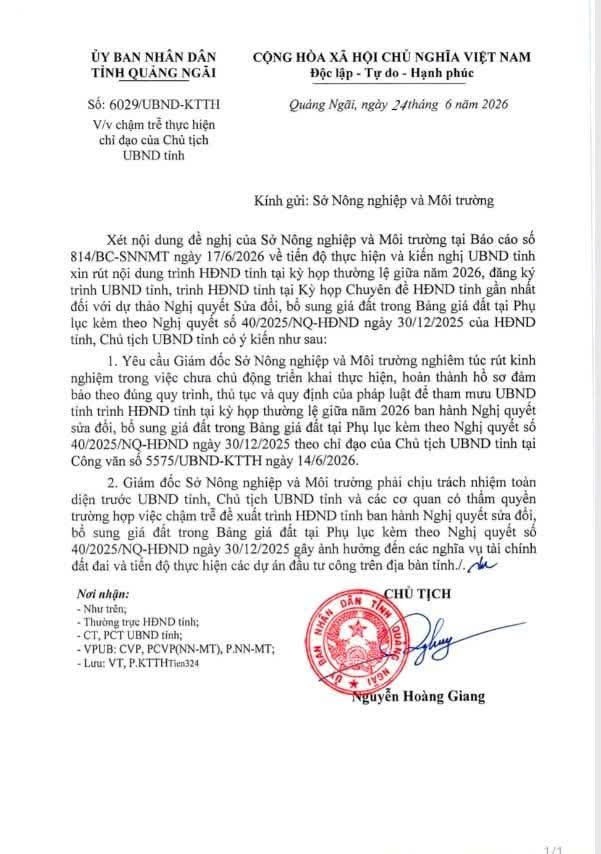 Giám đốc Sở Nông nghiệp và Môi trường Quảng Ngãi bị nhắc nhở do chậm trễ thủ tục đất đai