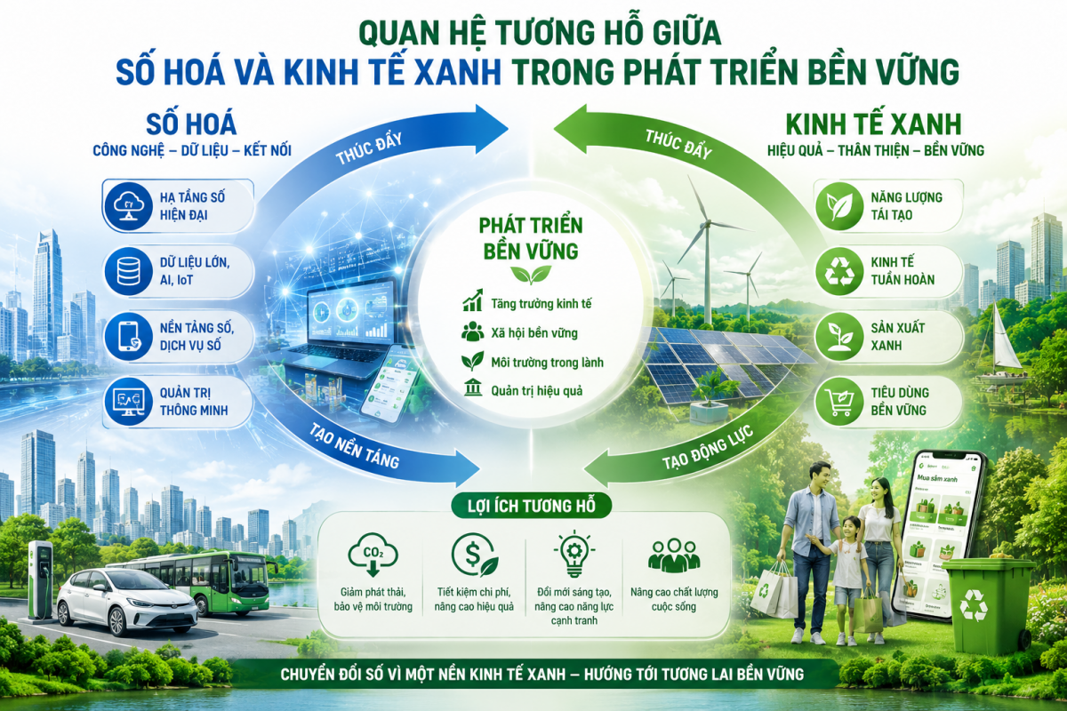 Quan hệ tương hỗ giữa số hoá và kinh tế xanh trong phát triển bền vững