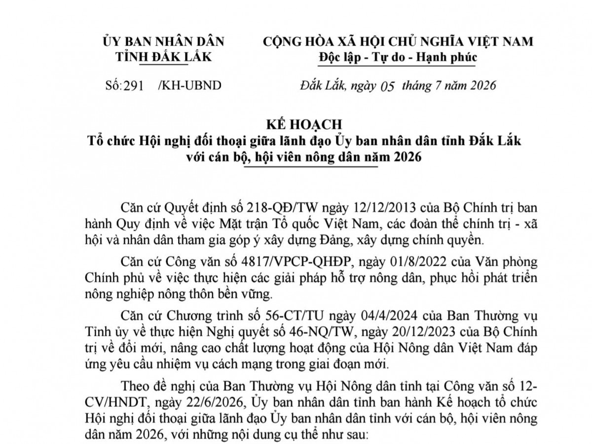 Đắk Lắk tổ chức Hội nghị đối thoại với nông dân vào tháng 10/2026