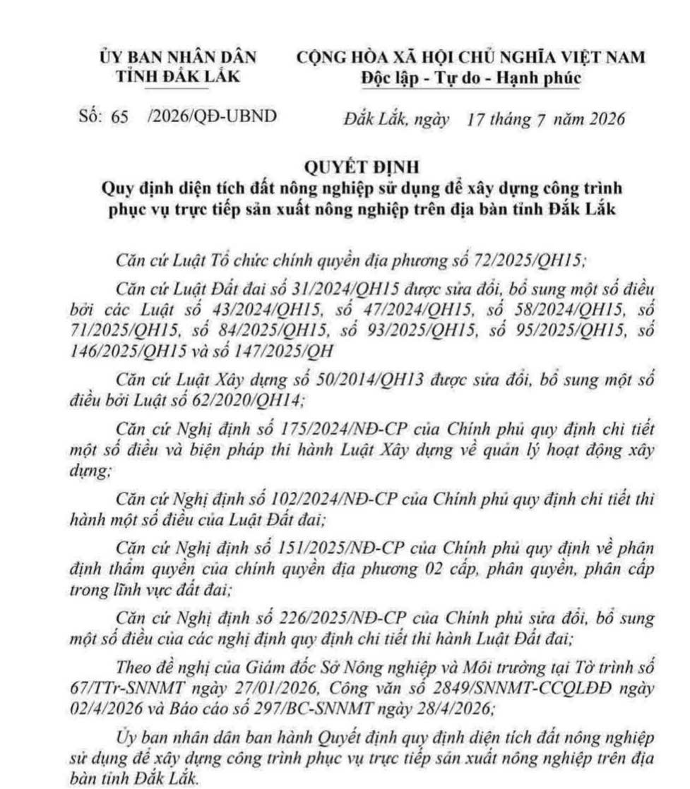 Đắk Lắk ban hành quy định mới về xây dựng công trình trên đất nông nghiệp phục vụ sản xuất