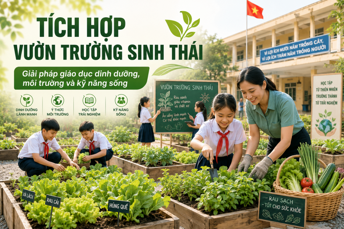 Vườn trường sinh thái tạo không gian để học sinh trải nghiệm trồng trọt, nâng cao kiến thức dinh dưỡng, ý thức bảo vệ môi trường và rèn luyện kỹ năng sống. Ảnh minh họa