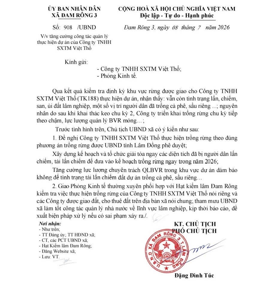 Yêu cầu Cty TNHH SXTM Việt Thổ trồng rừng theo đúng phương án phê duyệt