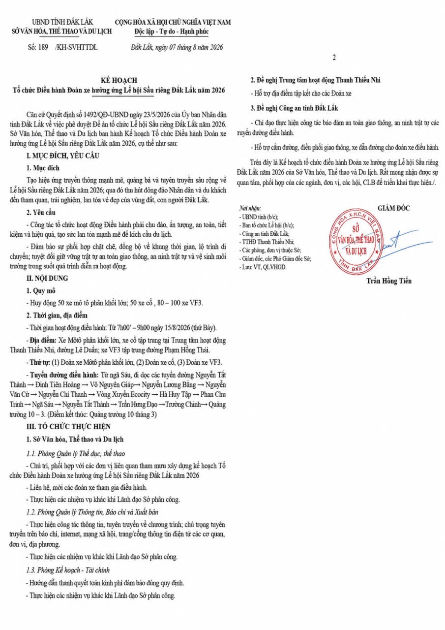 Đắk Lắk tổ chức diễu hành xe hưởng ứng Lễ hội Sầu riêng năm 2026 quy mô lớn và tiềm năng