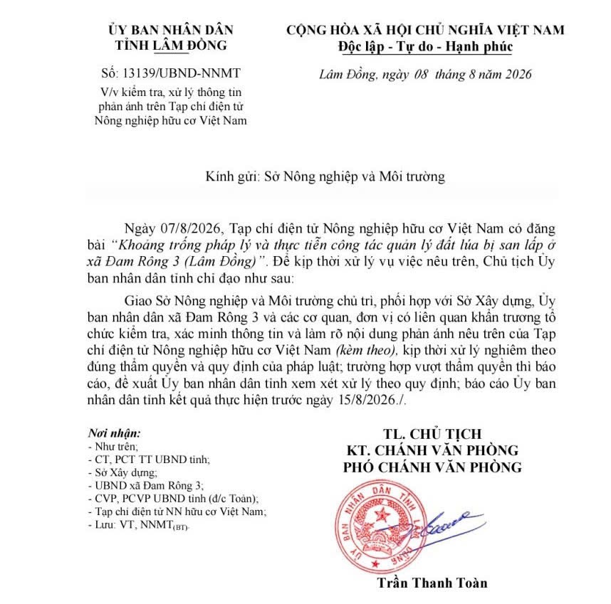 UBND tỉnh Lâm Đồng chỉ đạo kiểm tra thông tin phản ánh về thực trạng quản lý đất lúa bị san lấp tại xã Đam Rông 3