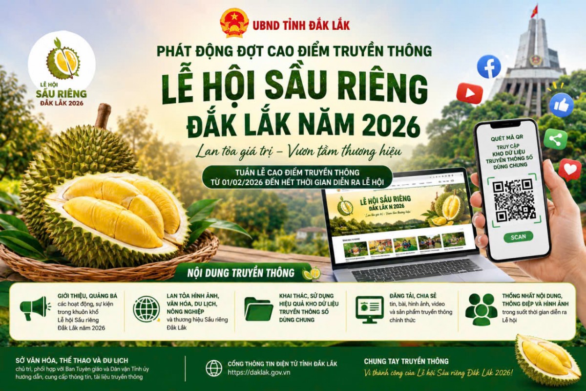 Đắk Lắk phát động cao điểm truyền thông Lễ hội Sầu riêng 2026