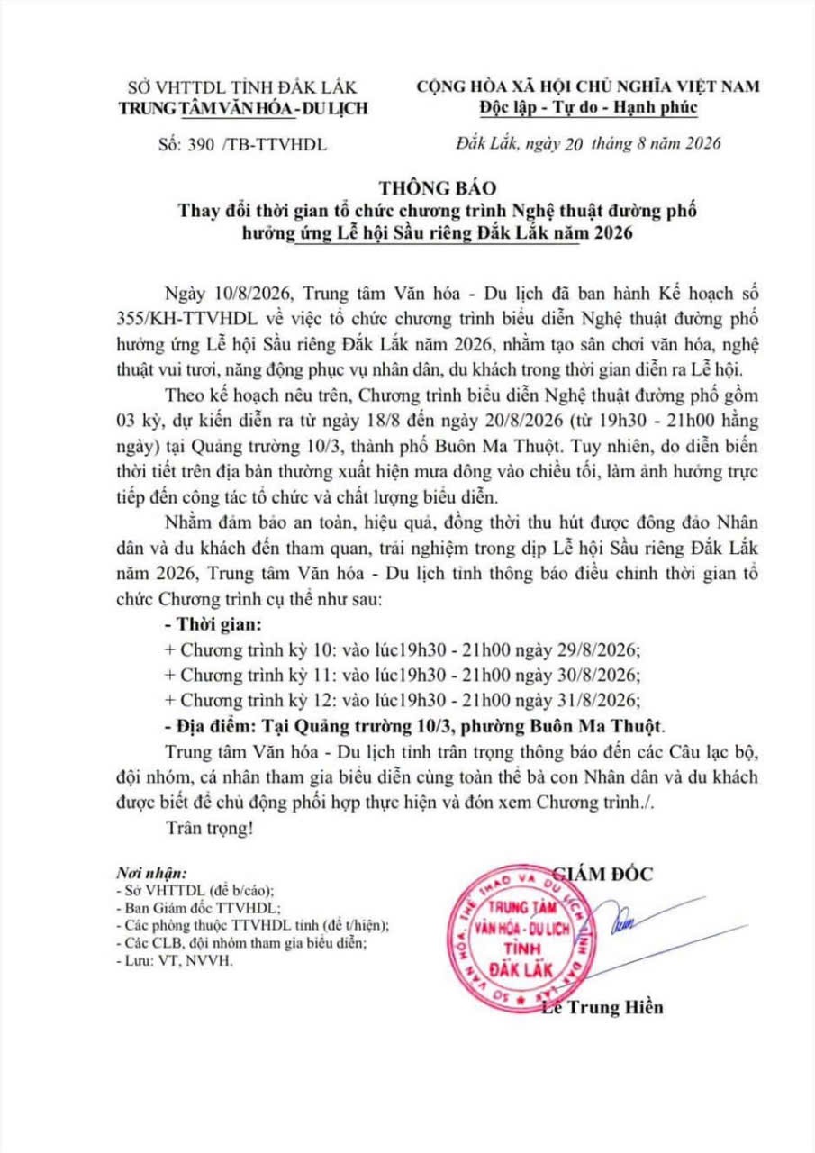 Dời lịch biểu diễn nghệ thuật đường phố hưởng ứng Lễ hội Sầu riêng đến cuối tháng 8/2026