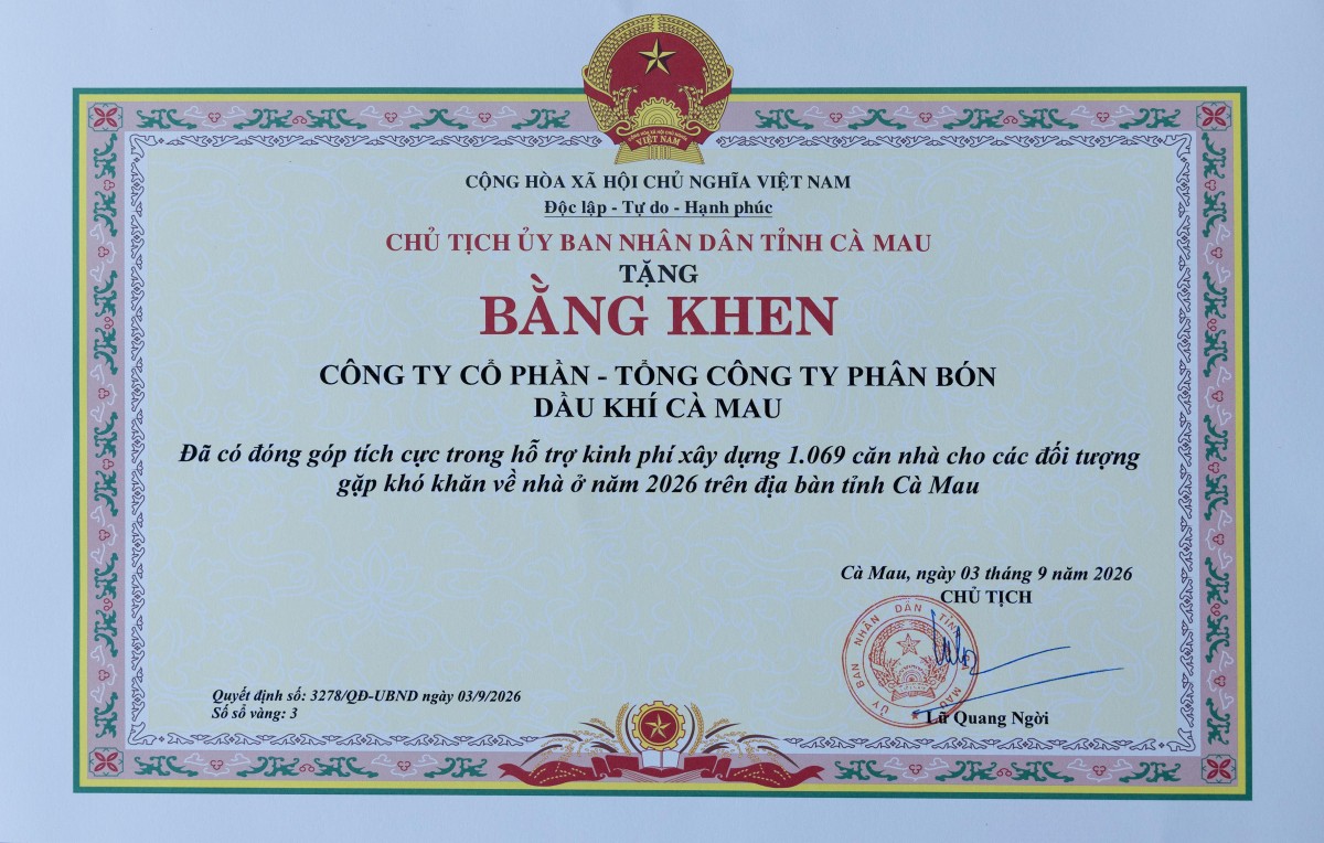 Phân Bón Cà Mau nhận Bằng khen, tiếp tục hành trình đồng hành cùng an sinh xã hội