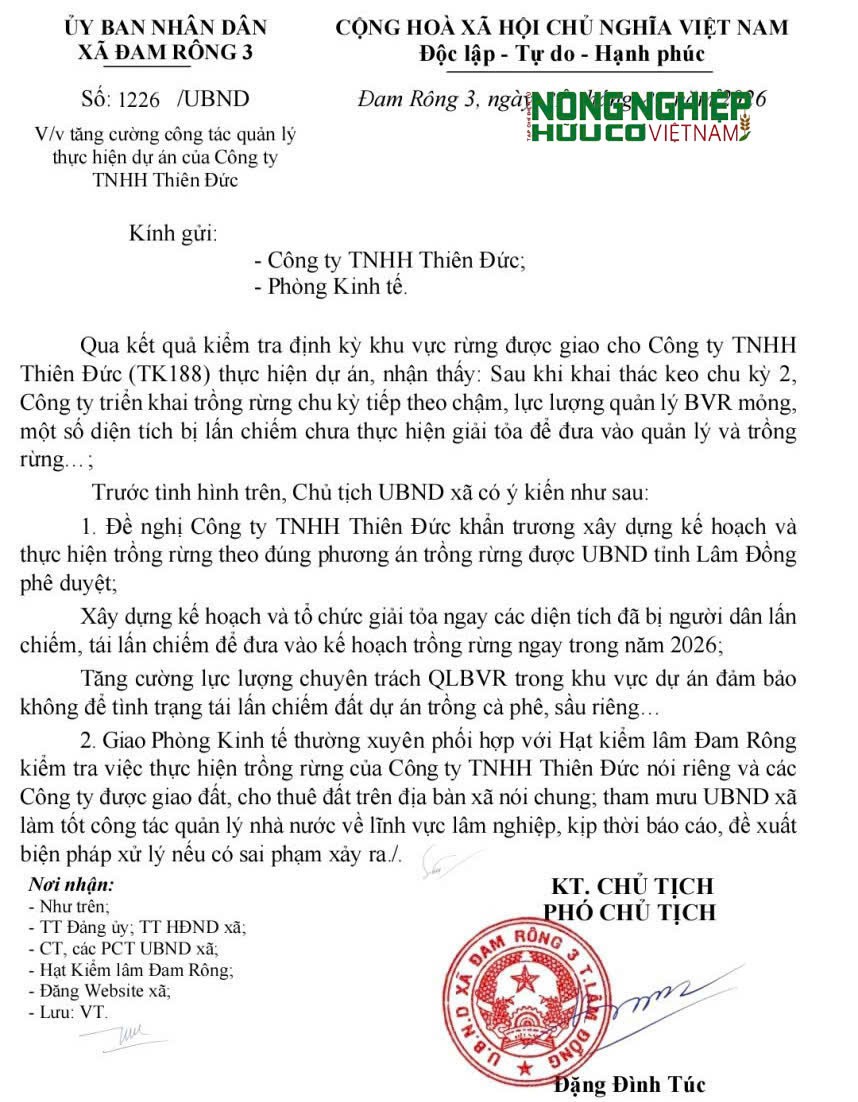 Đề nghị Công ty TNHH Thiên Đức giải tỏa diện tích đất dự án bị lấn chiếm, để trồng lại rừng