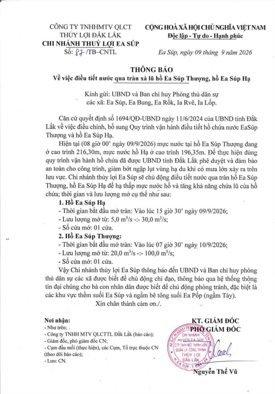 Đắk Lắk điều tiết nước hồ Ea Súp, cảnh báo người dân vùng hạ du chủ động phòng tránh lũ