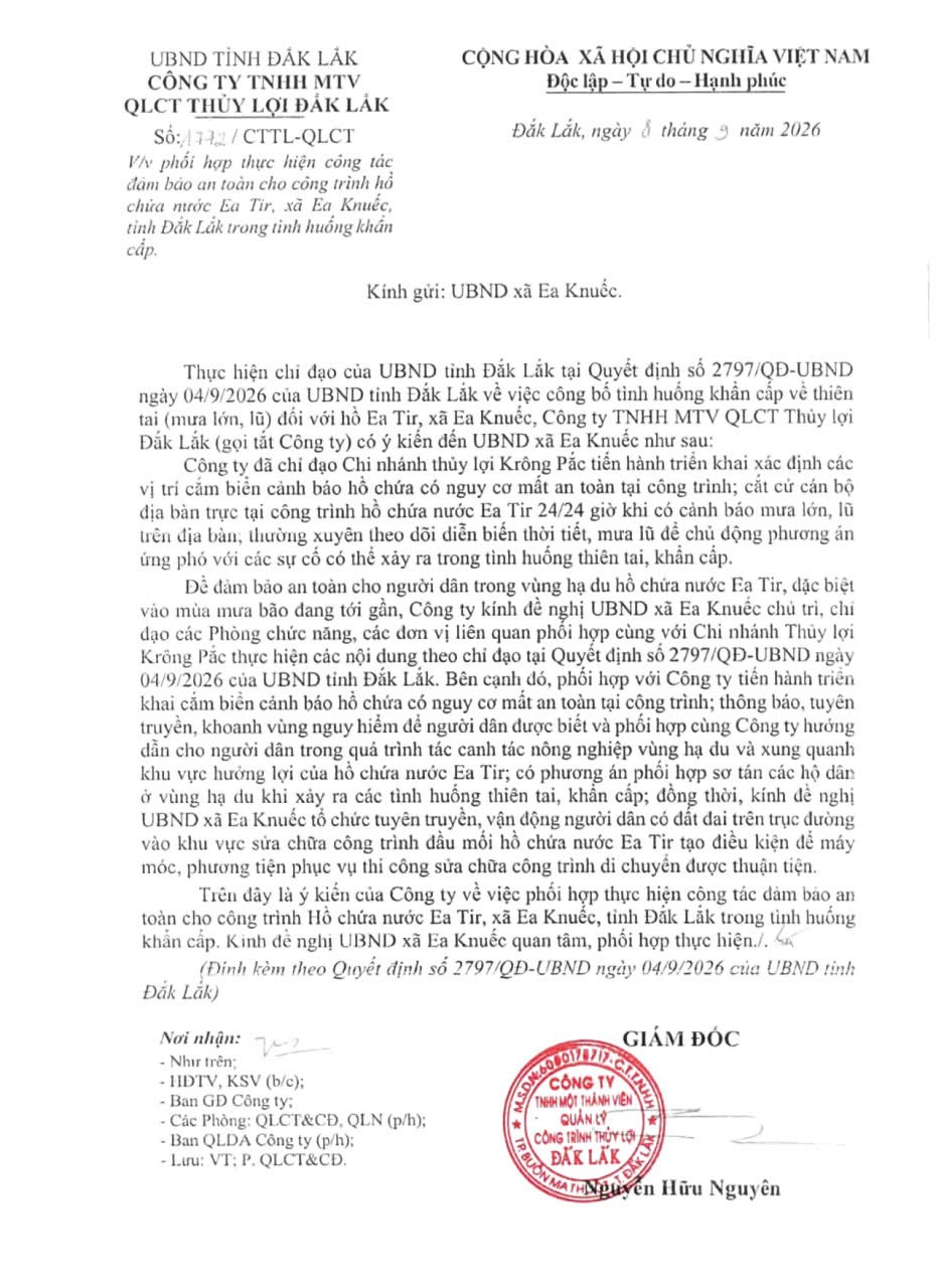 Đắk Lắk khẩn trương bảo đảm an toàn hồ Ea Tir, chủ động ứng phó nguy cơ mưa lũ khẩn cấp
