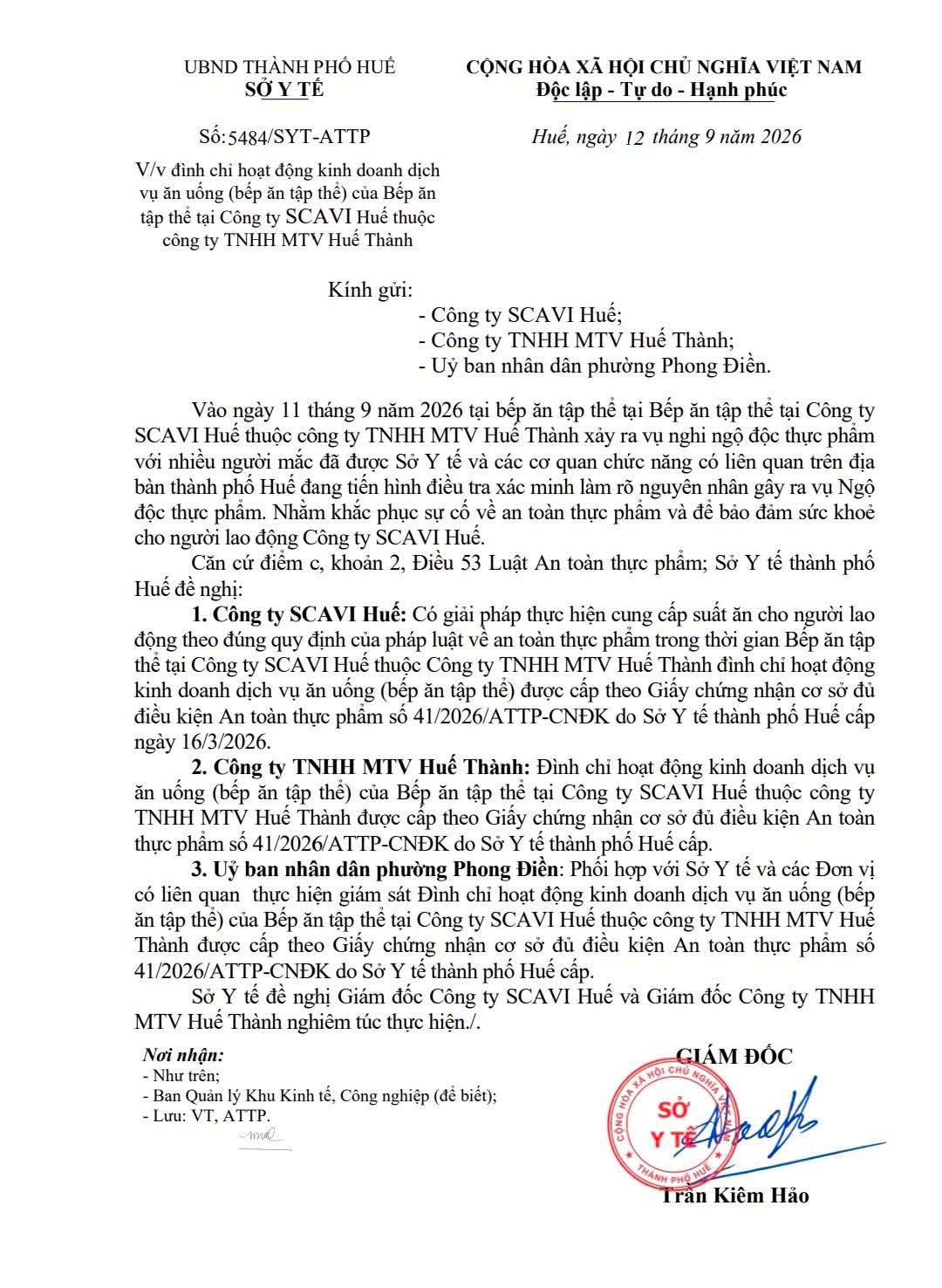 Tp. Huế: Đề nghị đình chỉ bếp ăn tập thể tại một công ty do nghi ngộ độc thực phẩm