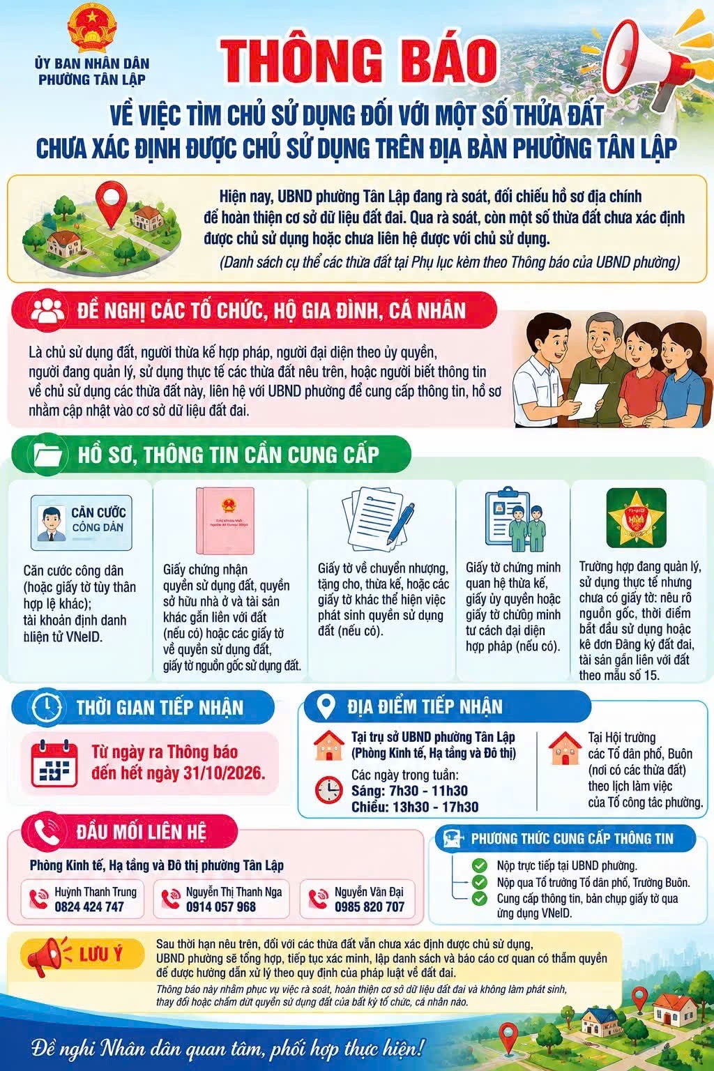 Phường Tân Lập thông báo tìm chủ sử dụng đối với các thửa đất chưa xác định được chủ đất