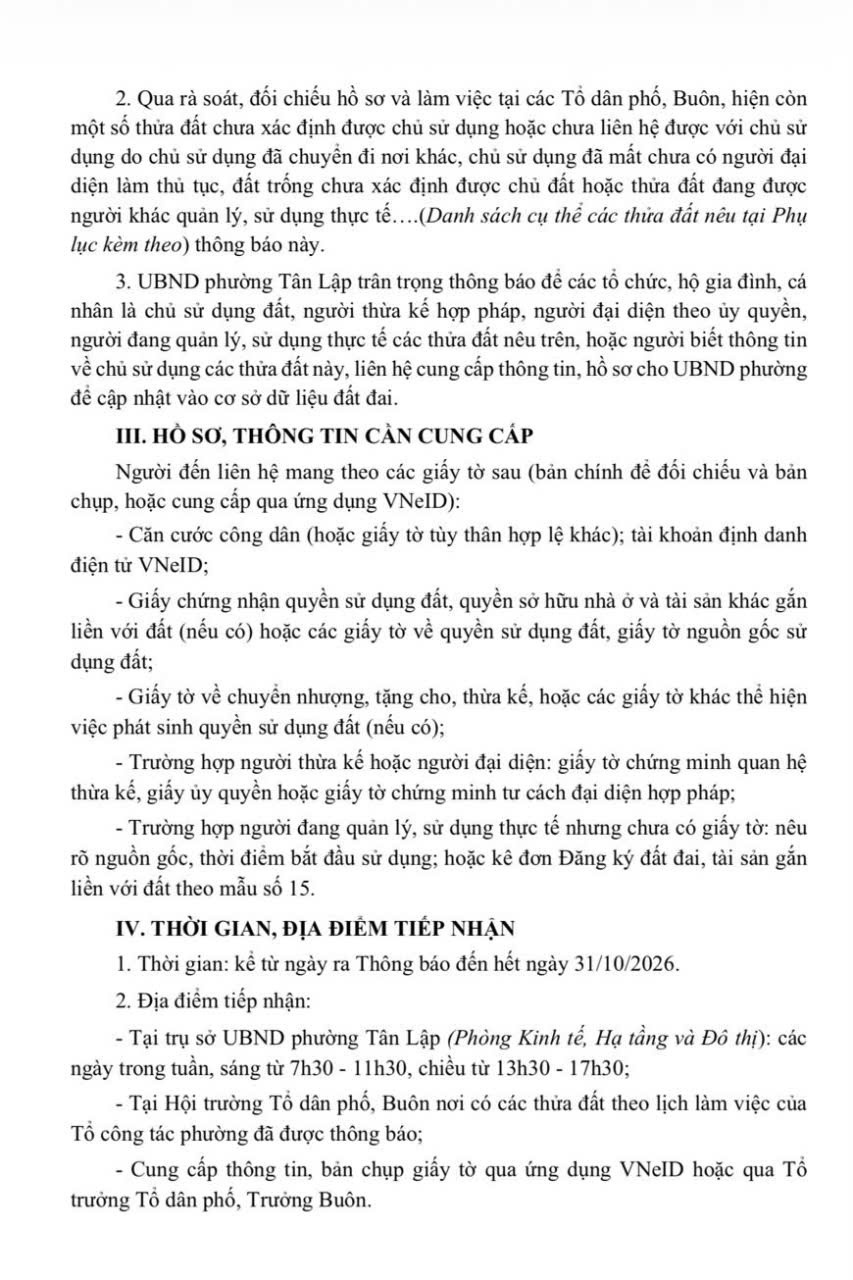 Phường Tân Lập thông báo tìm chủ sử dụng đối với các thửa đất chưa xác định được chủ đất