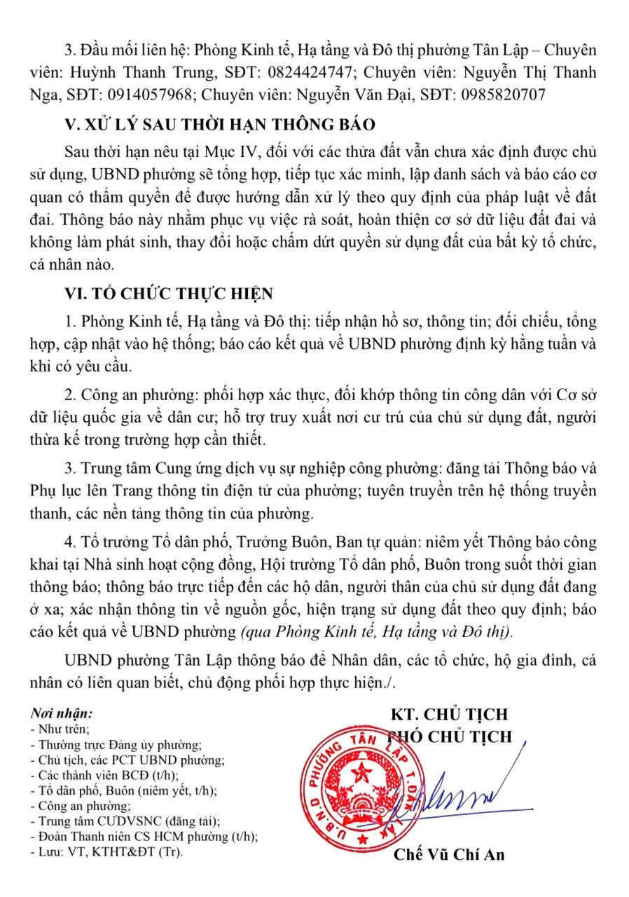 Phường Tân Lập thông báo tìm chủ sử dụng đối với các thửa đất chưa xác định được chủ đất