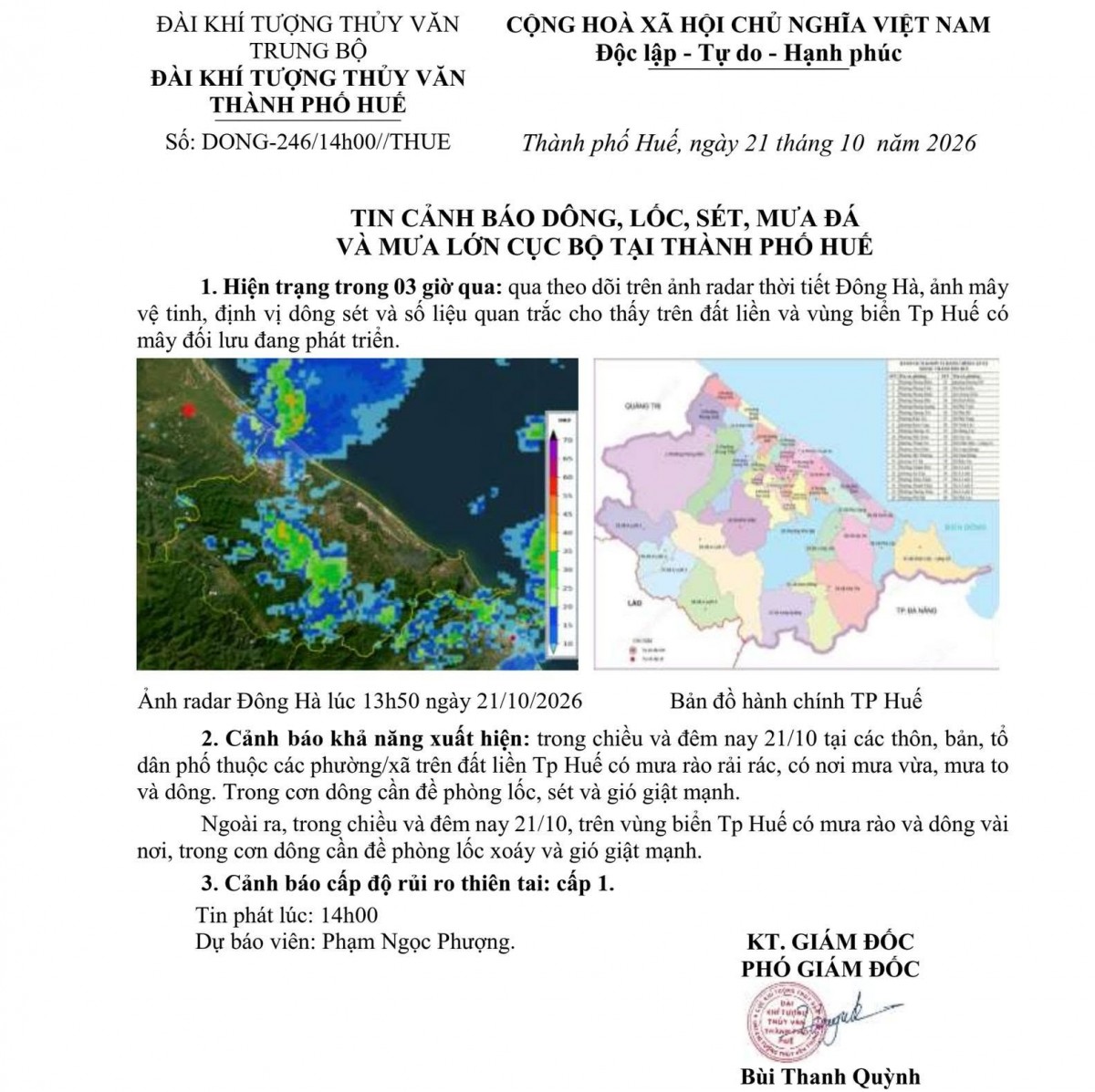 Thành phố Huế cảnh báo dông lốc sét, mưa đá, mưa lớn cục bộ, phòng chống thiên tai và bảo vệ môi trường.