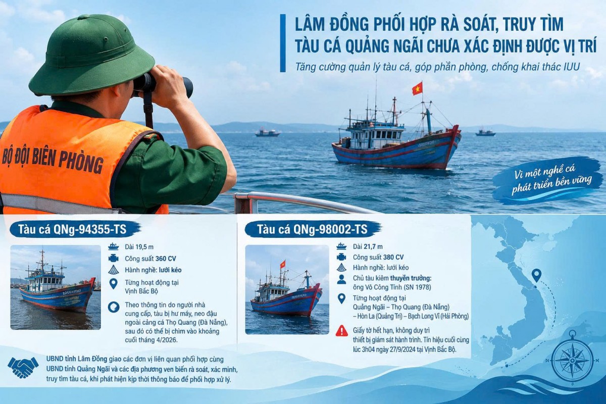 Lâm Đồng phối hợp rà soát, truy tìm tàu cá Quảng Ngãi chưa xác định được vị trí